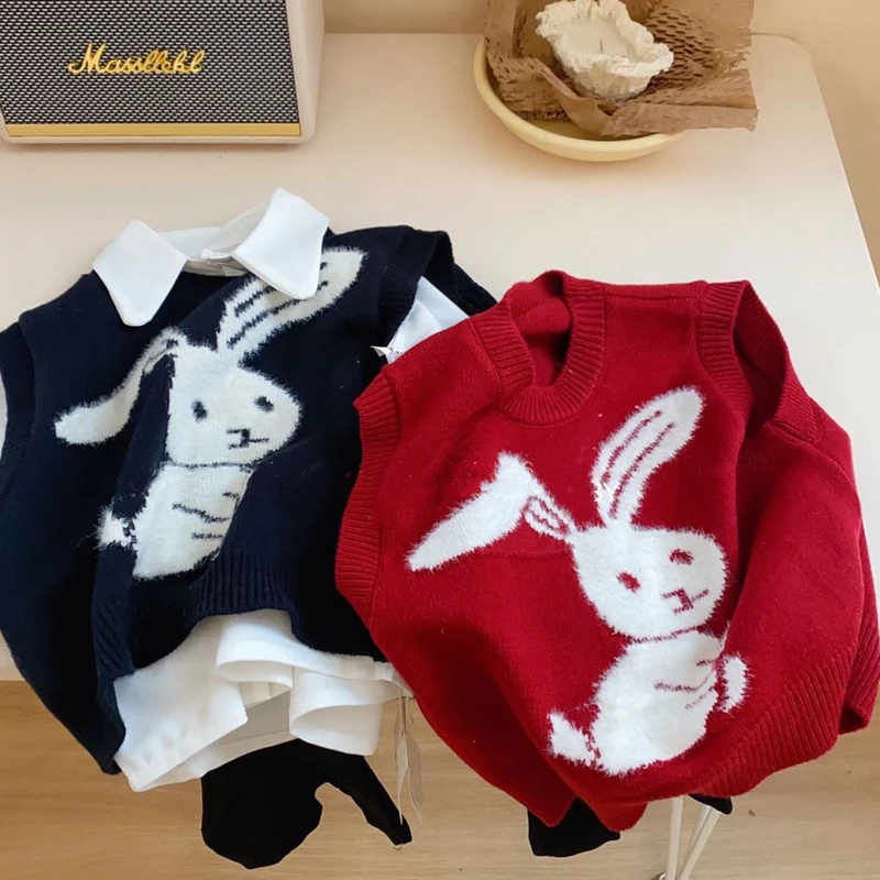 Girls Pullover Sweater Vest Spring Girls\' Fashionable and Cute Little Rabbit Knitted Vest Baby Kids Loose and Versatile Top