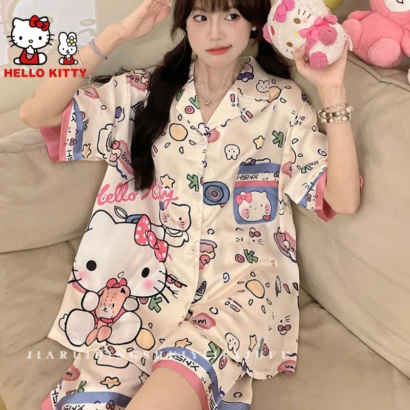 

Пижама Hello Kitty Melody Kuromi Cinnamoroll женская, новый Шелковый пижамный комплект из двух предметов, шорты с коротким рукавом, домашняя одежда для студентов