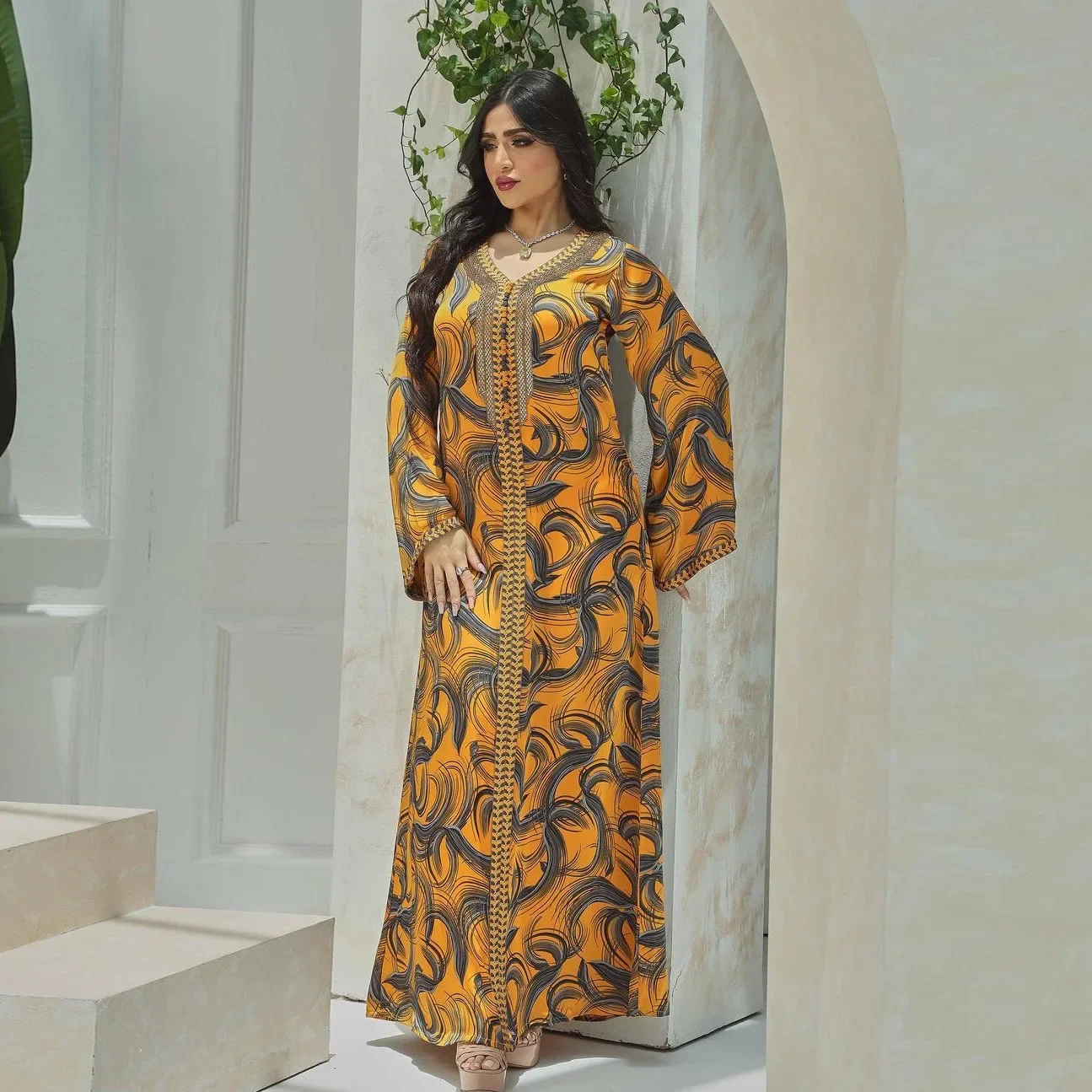 Luxury Abaya for Women with Diamonds Yellow Tape V-neck Girl's Robe Eid Prayer Evening Party Islamic Clothes Floral Printed