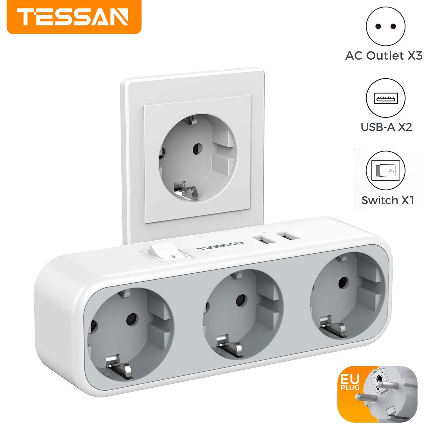 TESSAN Ladron 5-in-1 Socket with Switch, Multiple Socket with 3 Sockets and 2 USB Ports, Modern Sockets, Compatible with Phone
