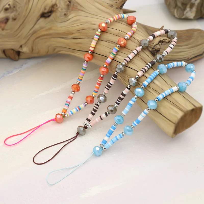 Colorful Clay Crystal Beads Mobile Phone Chain Bohemian Handmade Jewelry Phone Charm Lanyard Accessories Strap Women Gifts