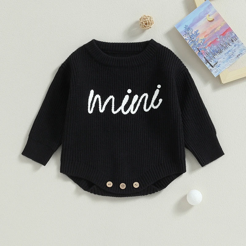 Lioraitiin 0-24M Baby Boys Girls Sweater Rompers Letter Embroidery Crew Neck Long Sleeve Jumpsuits Infant Clothes Knit Bodysuits