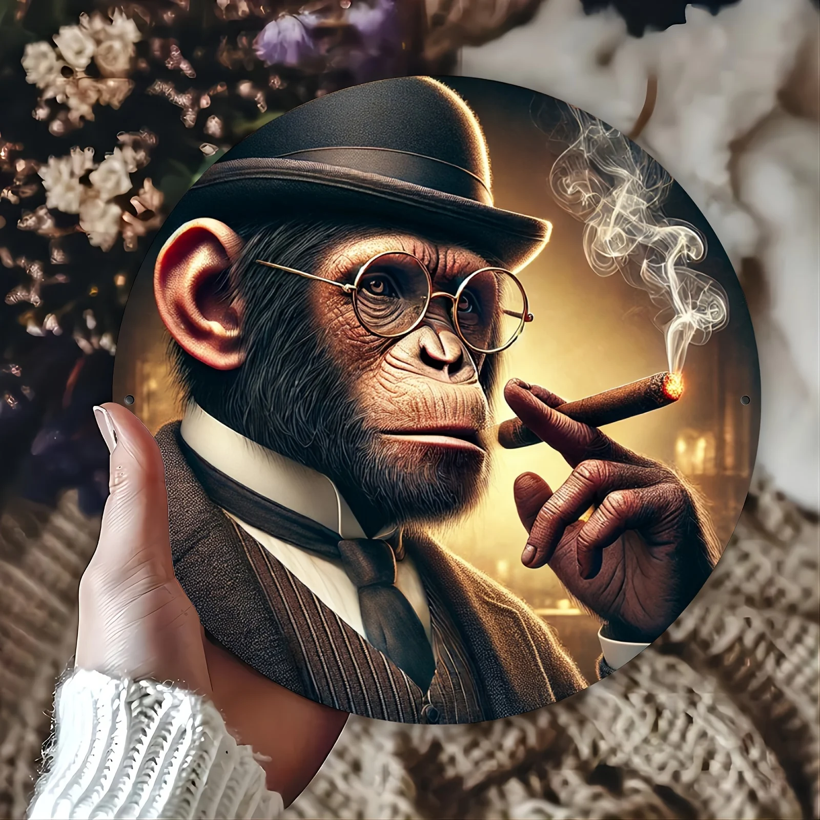1pc Chicano Chimp in Suit Smoking Cigar Aluminum Sign, 7.87x7.87inch, Decorative Wall Art for Home, Kitchen, Restaurant, Bedroom