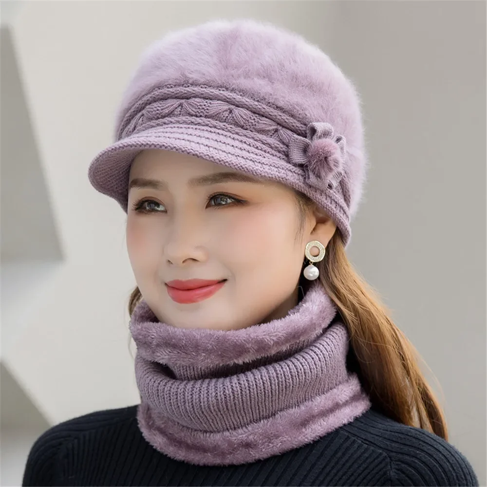 Hot Women Winter Hat Keep Warm Cap Add Fur Lined Hat And Scarf Set Warm Hats For Female Casual Rabbit Fur Winter Knitted Hat