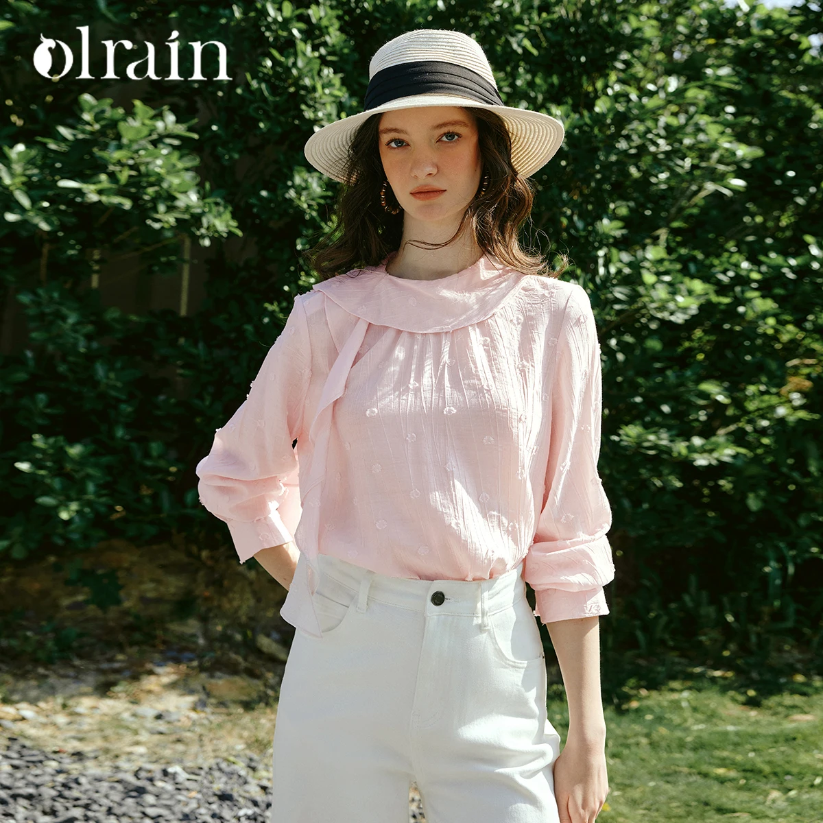 

OLrain Women French Style Pink Blouse Spring 2026 New Ruffle Neck 3D Floral Embroidery Long Sleeve Elegant Shirt O58XC003589
