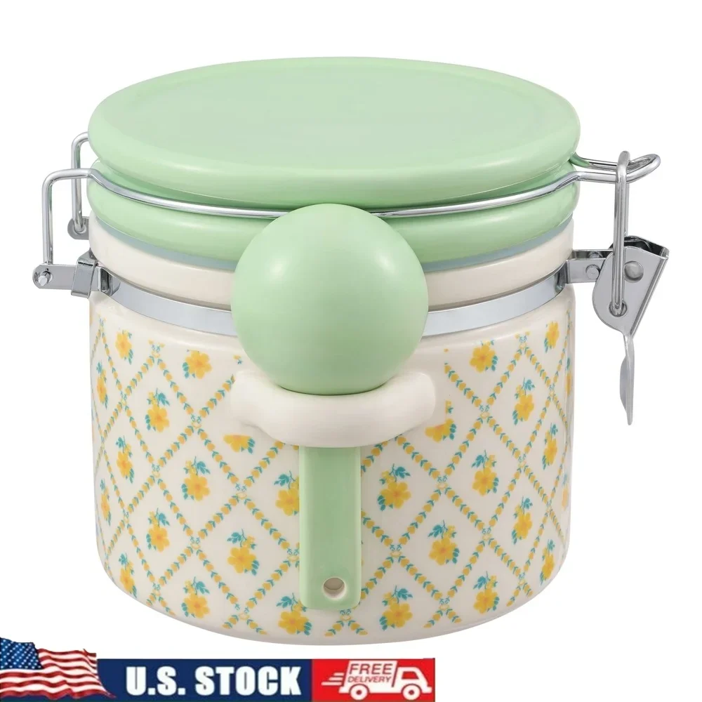 

Stoneware Medium Canister with Lid and Ceramic Spoon Floral Decor Kitchen Storage Airtight Food Container Kitchen Organization