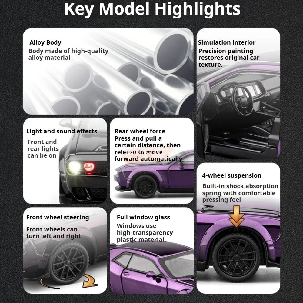 1:32 Dodge Hellcat Alloy Car Models Diecast Toy Doors Opened Pull Back Sound Light Shock Absorption Cars Festival Gift for Child