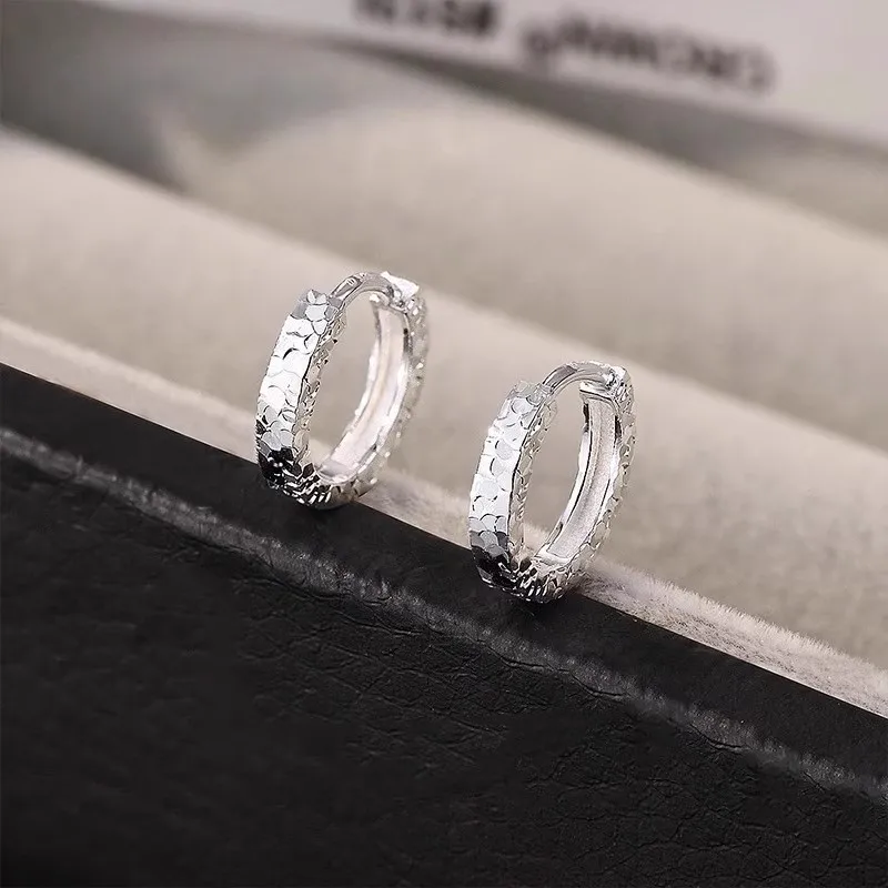 Real 925 Sterling Silver Crushed Ice Round Hoop Earrings For Women Classic Fine Jewelry Small Niche Light Luxury Accessories