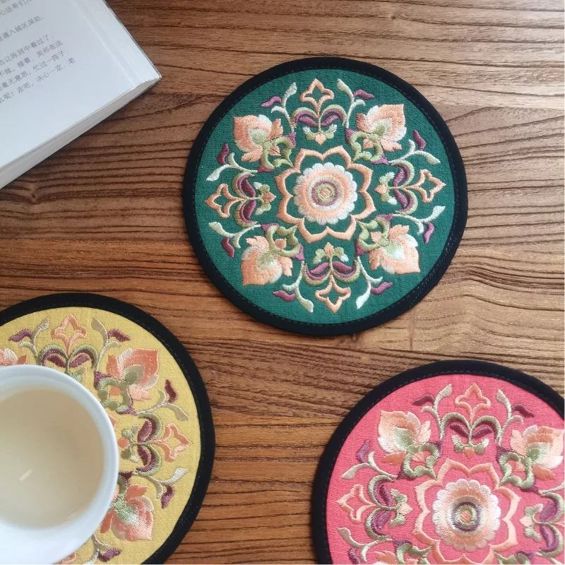 Chinese Style Pure Cotton Embroidered Floral Tea Coaster Folk Handmade Souvenir Small Gift for International Student Abroad Use