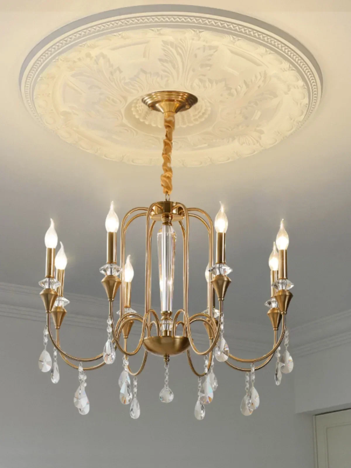Nordic Lamps Palace Hall Copper Crystal Chandelier Bedroom Kitchen Simple And Light Luxury Style Golden Candle Pendant LED