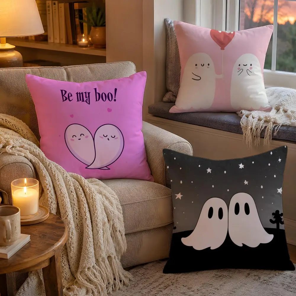Anime Cute G-Ghost Couple Pillow Case Soft Plush Cushion Cover Double Print and Invisible Zipper for Sofa Home Car Use