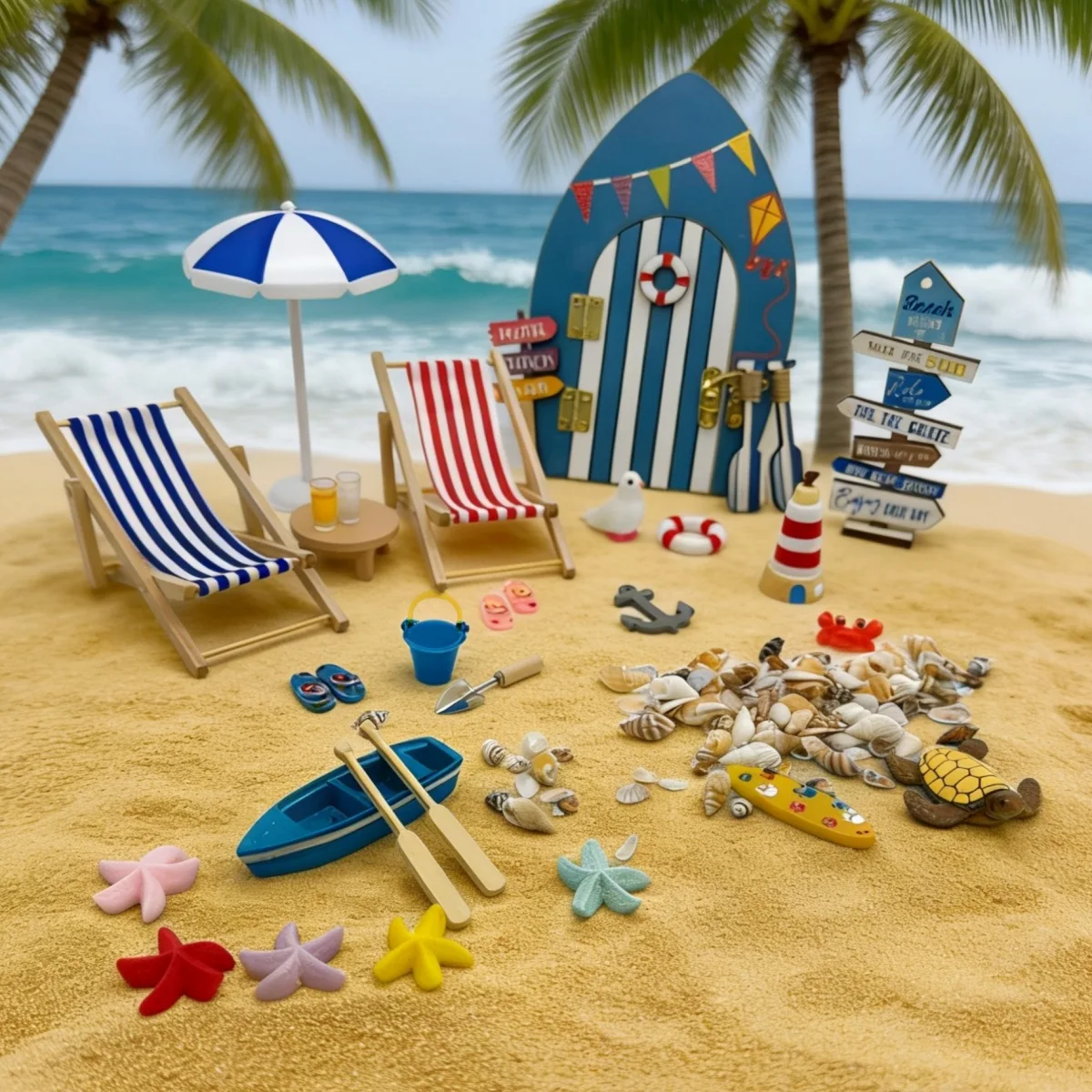 

Miniature Summer Beach Fairy Door Set - Dollhouse Ocean Scene Props, Wooden Beach Chair & Outdoor Mini Model Accessories
