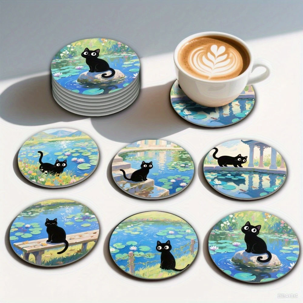 Black Cat Lotus Cartoon Wooden Coaster Cute Dreamy Style Home Dining Table Cafe Tabletop Decoration Round Coaster Catlover Gifts