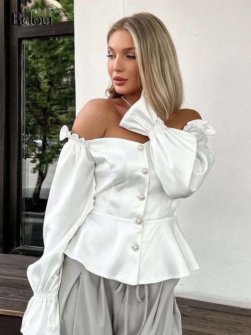 Bclout Vintage Satin White Shirts Blouses Female Elegant Solid Off Shoulder Sexy A-Line Tops Fashion Buttons Office Lady Shirts