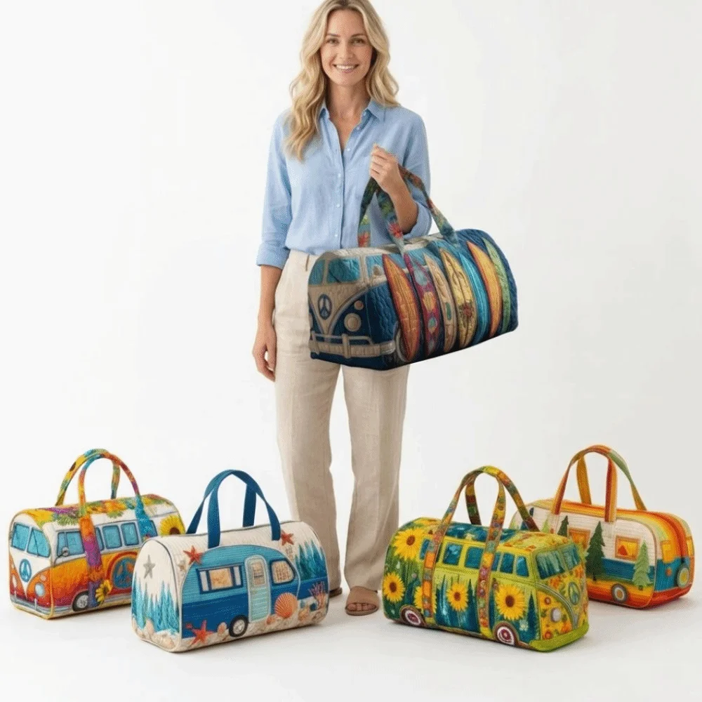 Fashion 3D Quilted Duffle Bag Bus Design Multifunctional Travel Handbag Retro Boho Large Capacity Gym Tote Bag Daily Outings