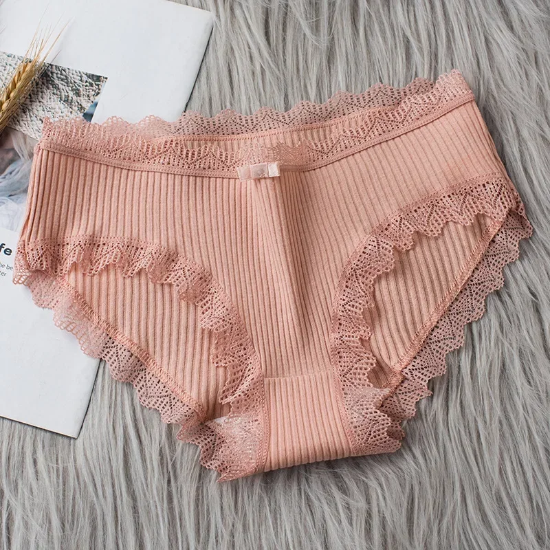 Casual Cotton Panties for Women Lace Mid Waist Underwear Threaded Brief Solid Color Skin Friendly Ladies Underpants Breathable