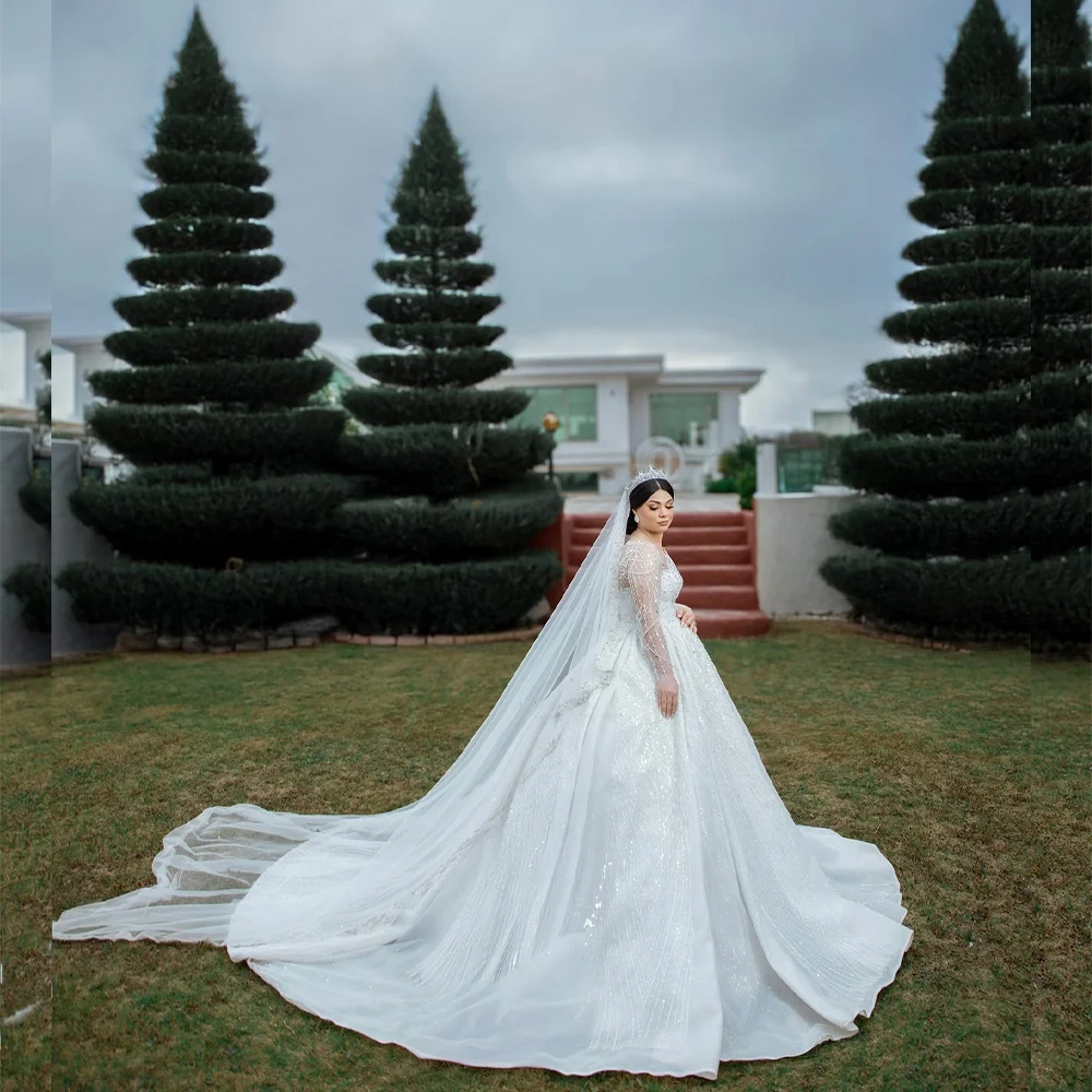 

Luxury Wedding Dresses Calloped Illusion Long Sleeve for Bride with Beading Sequined A-Line Sweep Train Bridal Gown Customized