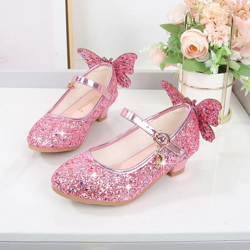 Bambini ragazza danza Glitter scarpe moda principessa farfalla scarpe in pelle bambini diamante Bowknot tacco alto ragazze vestito da partito scarpa