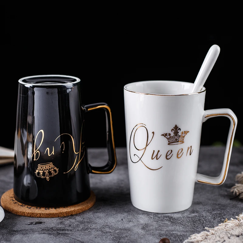 2PCS/SET Couple Cup Ceramic Mug With lid an Spoon King&queen Valentine\'s Day Wedding Birthday Gift