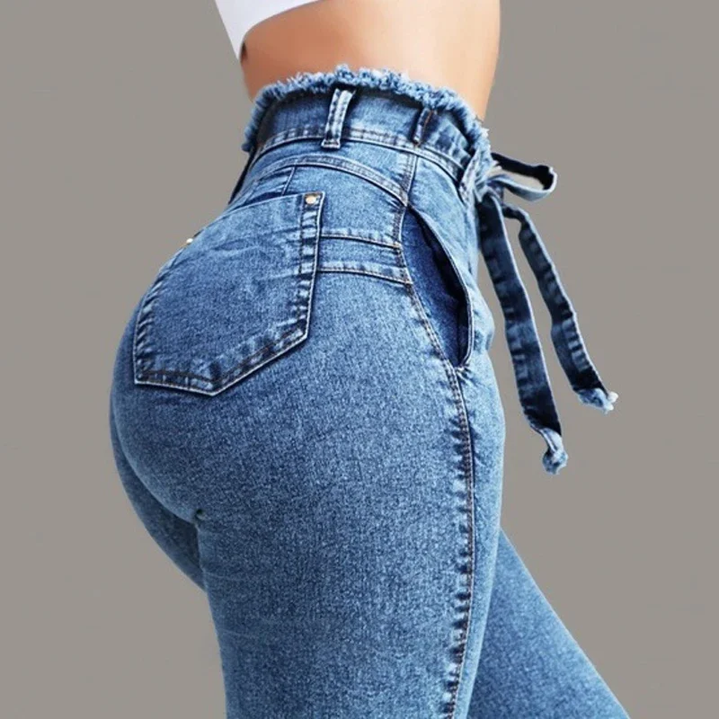 

Women Jeans Skinny Elastic Denim Jeans Casual Fashion Tassel Belt High Waist Bleached Pencil Pants S-5XL Long Trousers 30208