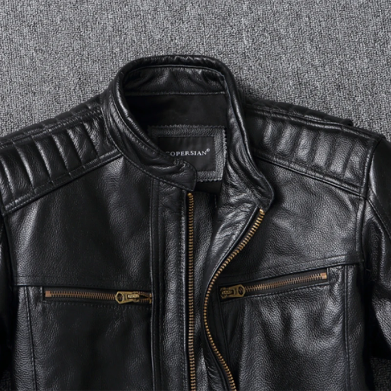 2023 Top Layer Cowhide Motorcycle Jacket Genuine Leather Stand Collar Jacket Springtime New Style Vintage Biker Jacket ASIAN