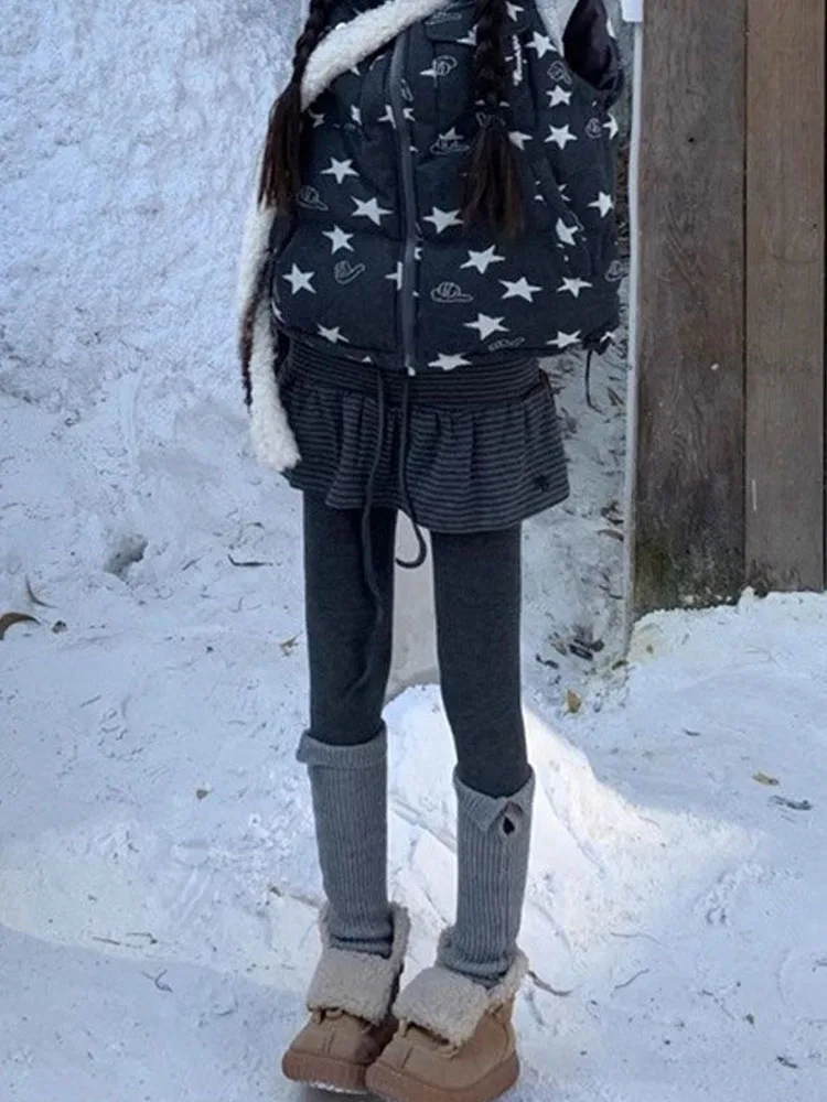 Retro Striped Drawstring Women's  Skirt with Safety Pants High Waist A-Line Skirt Folded Hemline Butt Covering Short Skirt
