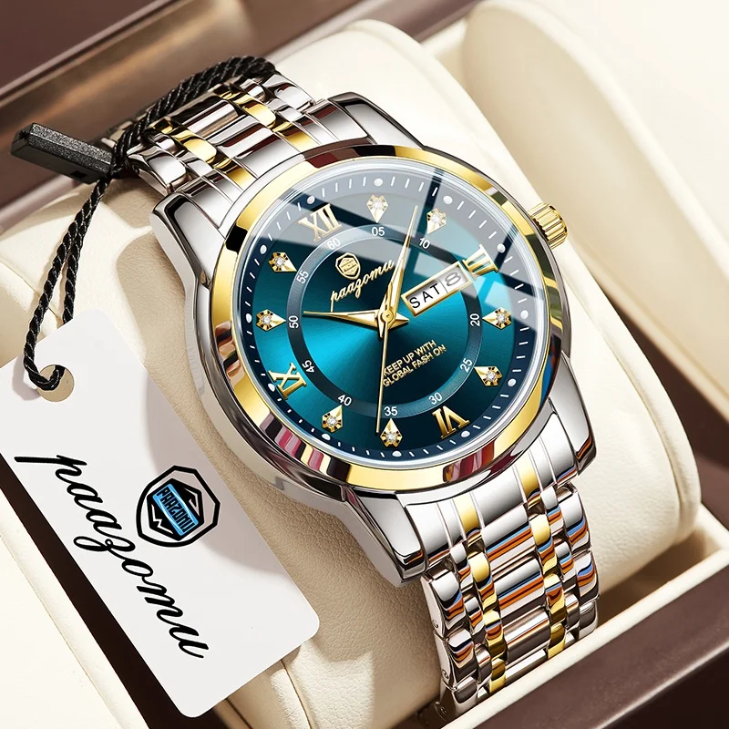 PAAZOMU  Men's Quartz Watch, 40 mm, Blue Dial, Stainless Steel Band, Dual Calendar Display, Business and Casual Men's Watch, Gif