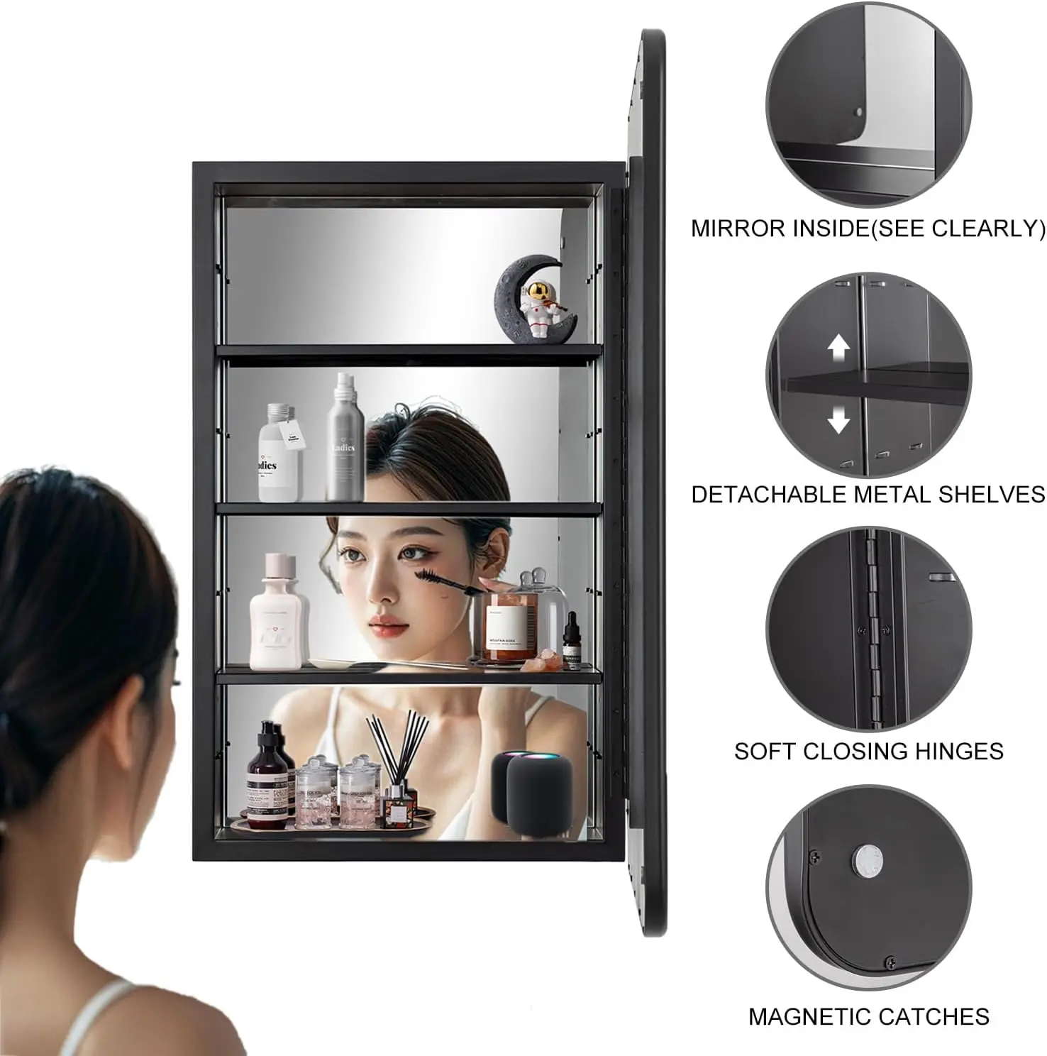 Modern Rectangle Bathroom Medicine Cabinet, Wall Mounted Or Recessed Mirror Storage Cupboard Featuring Single Door And Adjustable Shelves For Cosmetics Toiletries Restroom, Black view 4