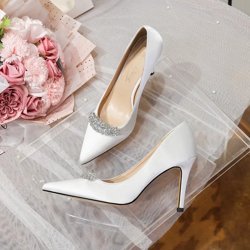 2025 Fine Heel High Heels Bride French Fit Daily Women's Shoes Satin Diamond Wedding Shoes Diamond Light Blue Women's Shoes