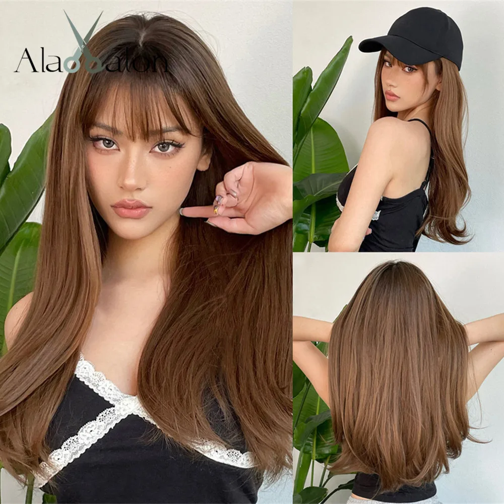 ALAN EATON Brown Long Natural Wave Wigs with Bangs Synthetic Ombre Brown Hair Wig High Temperature Fiber for Women Daily Costume