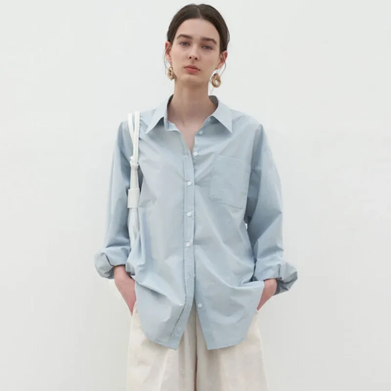 M0ia* 2024ss Women's Autumn Casual Shirt Loose Light Blue Cotton Top Classic Striped Daily Commuter Thin Women's Shirt