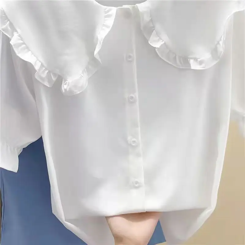 Sweet Cheap Lolita Blouse for Women,Kawaii Slim Puff Sleeve,Peter Pan Collar,Ruffle Shirt,Girl Summer Fairy Preppy Style Tops