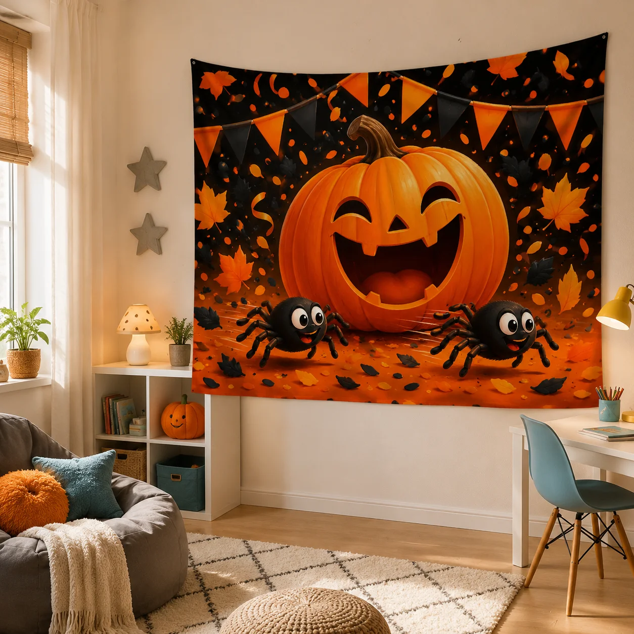 VIKAMA Horror Jack-o-lantern Tapestry Dark Halloween Storm Wall Art for Bedroom Party Decoration