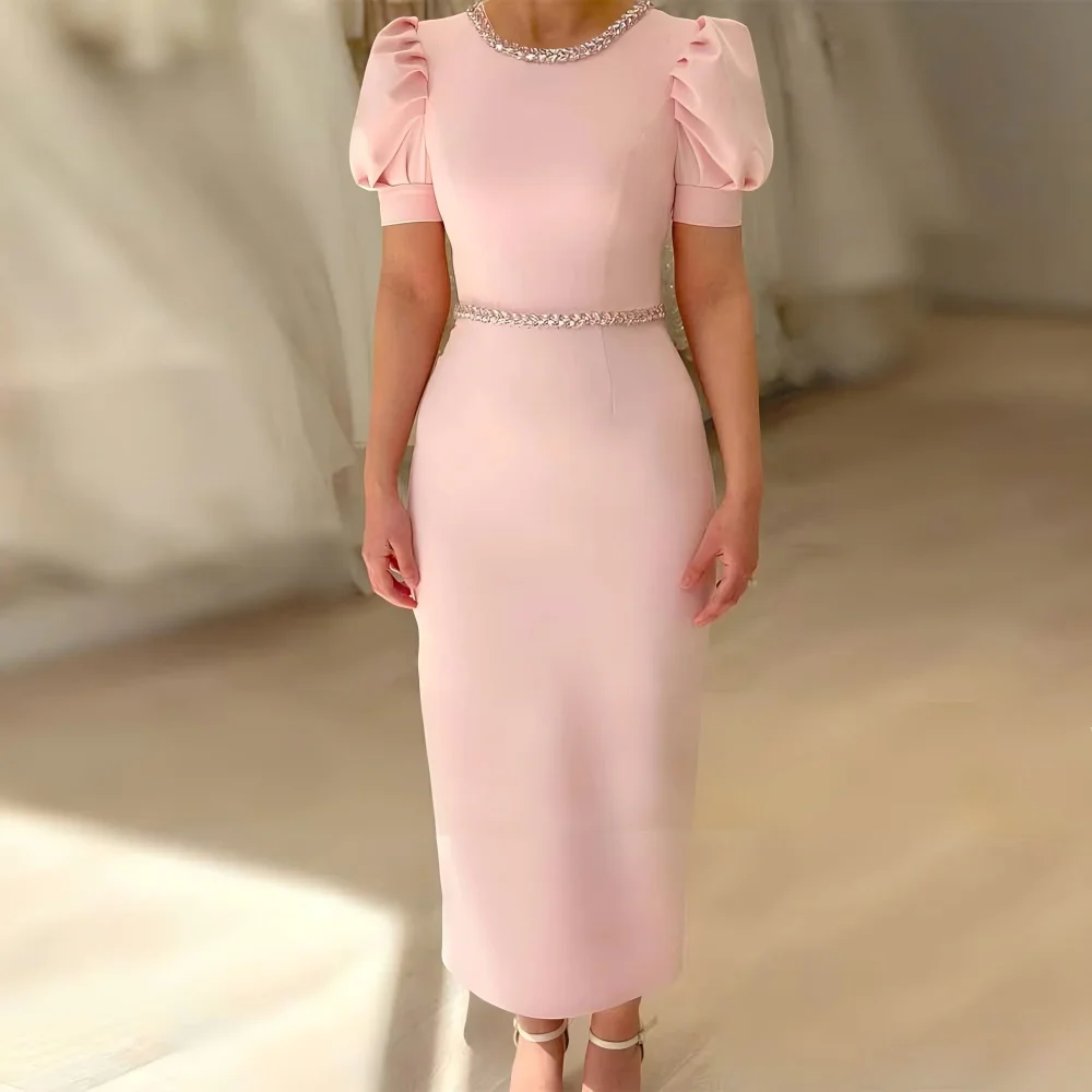 NYZY Customized Satin Pink Party Dress Women Sheath Cocktail Gown O-Neck Rhinestones Mother Of The Bride Dress Short Sleeves