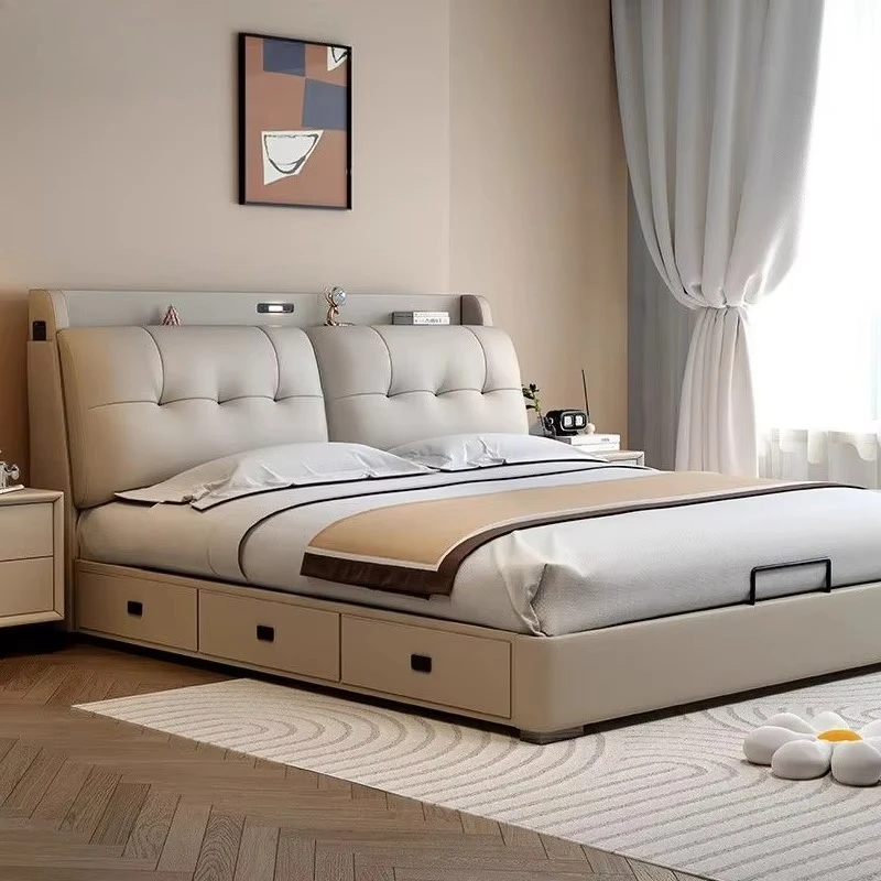 Cama con Base de Muelles y Cabecera Funcional de Diseño Elegante, en Oferta, Precio al por Mayor, Estructura de Cama Queen de Lujo Personalizada para el Hogar