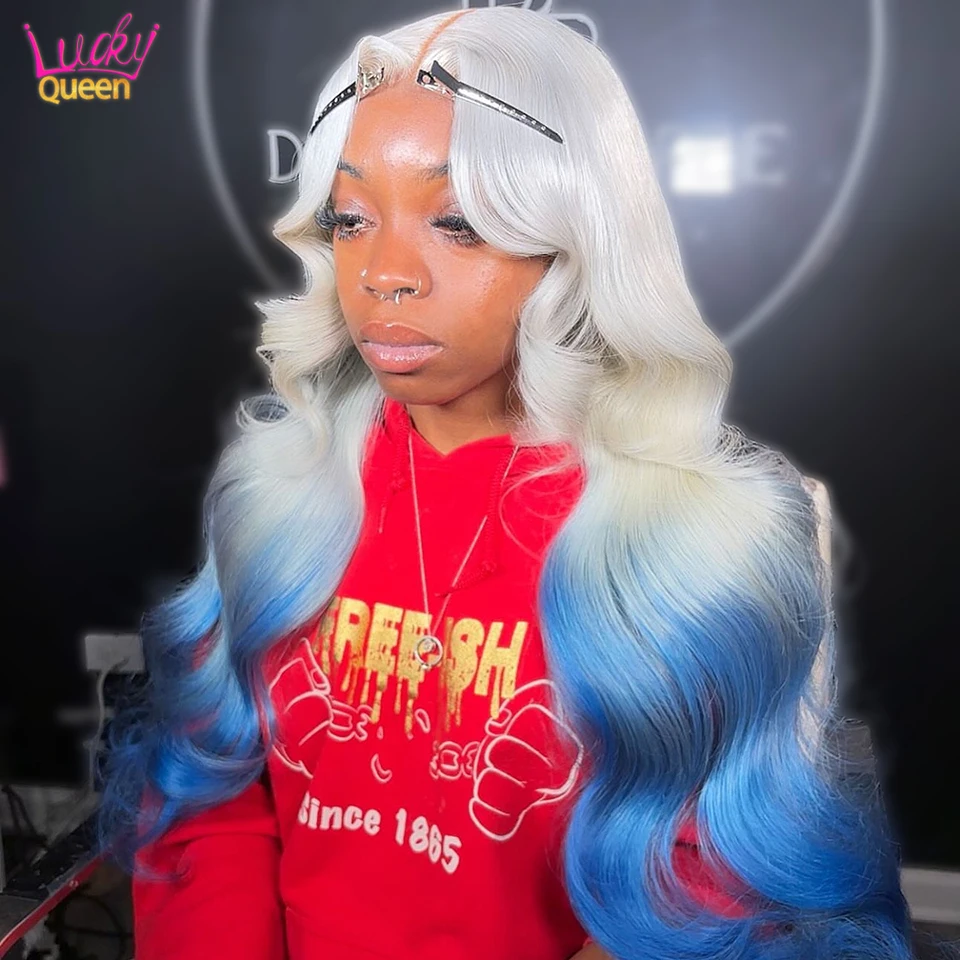 

Ombre Gray Blonde With Blue 13x6 Frontal Human Hair Wig Pre Plucked 613 Coloful Wigs Transparent Lace Wig For Women 200 Density