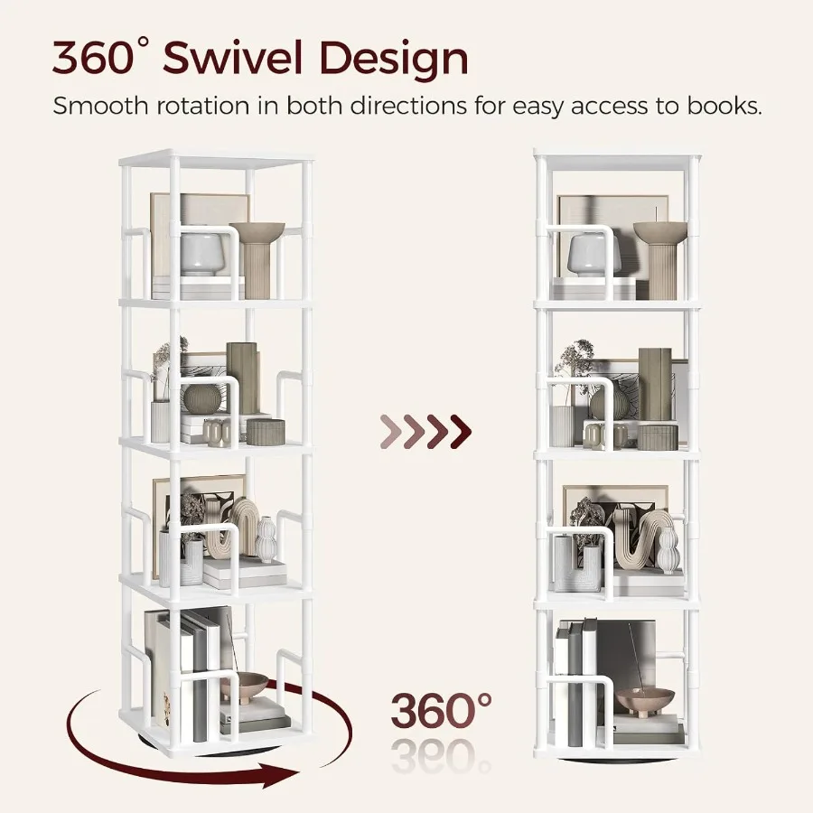 رف كتب دوار مكون من 4 طبقات رف كتب زاوية قائم بذاته مع وظيفة دوارة 360 درجة رف تخزين على الطراز الصناعي يتميز بسلاسة