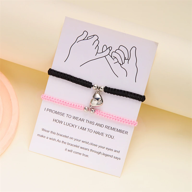 2Pcs Simple Handmade Couple Bracelet for Women Romantic Heart Magnetic Matching Bracelet Charm Bestie Friendship Jewelry Gifts