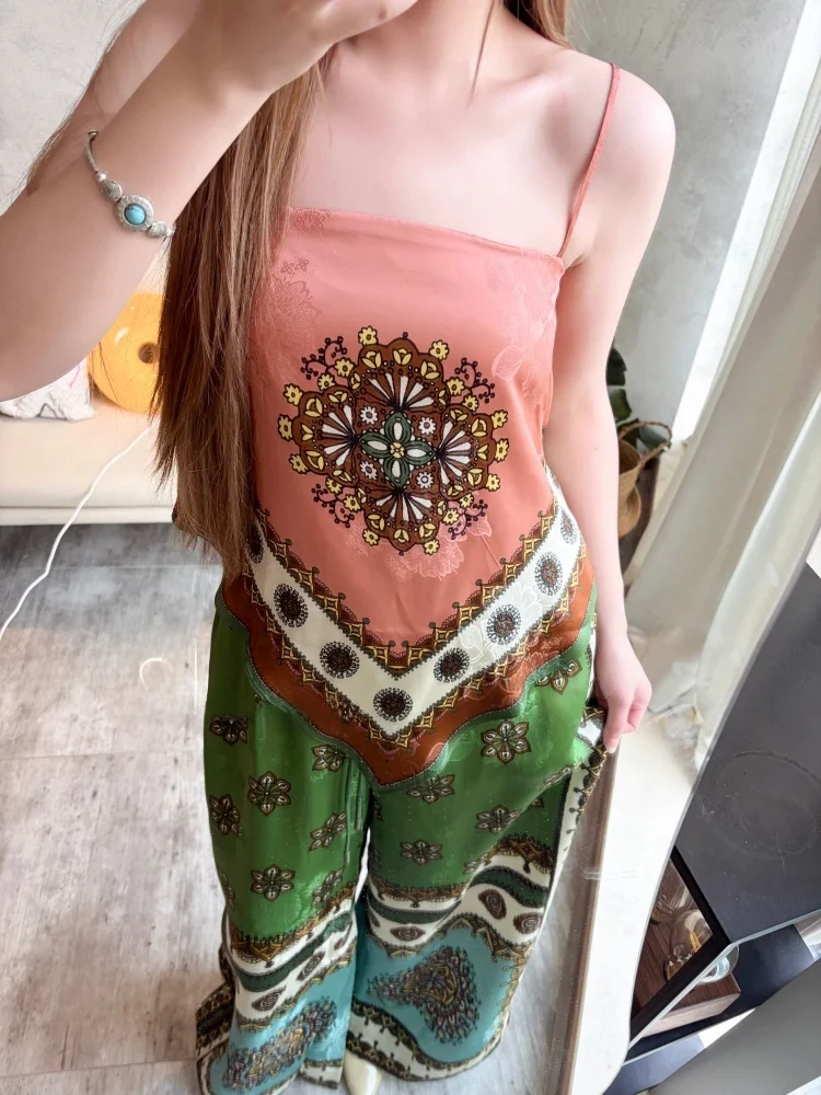 

Susan Summer Floral Embroidery Pink Strap Vest Wide Leg Pants Set Women's Trendy Casual Wear Comfortable Breathable Clothing