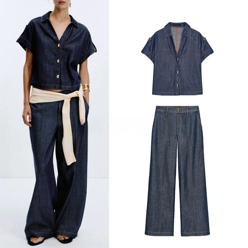 V-Neck Short Sleeve Denim Shirt High Waist Pleated Wide Leg Jeans Casual Style Two-Piece Set for Women Autumn Fashion