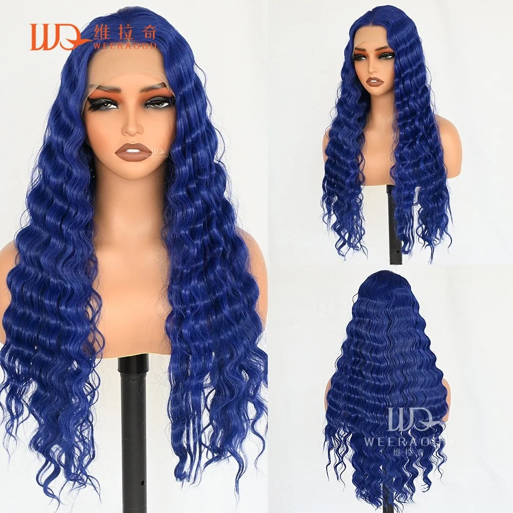 

28Inch Deep Wave Royal Blue Lace Front Wig for Women Glueless Heat Resistant Synthetic T Part Wig 150% Density Navy Blue Cosplay