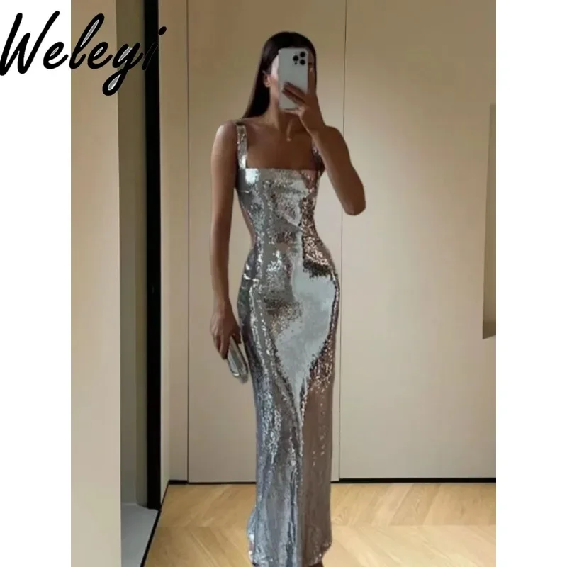 

Sexy Sling Backless Silvery Evening Party Gown Maxi Dress Women 2025 New High Waist Bodycon Sleeveless Robes Female Vestidos