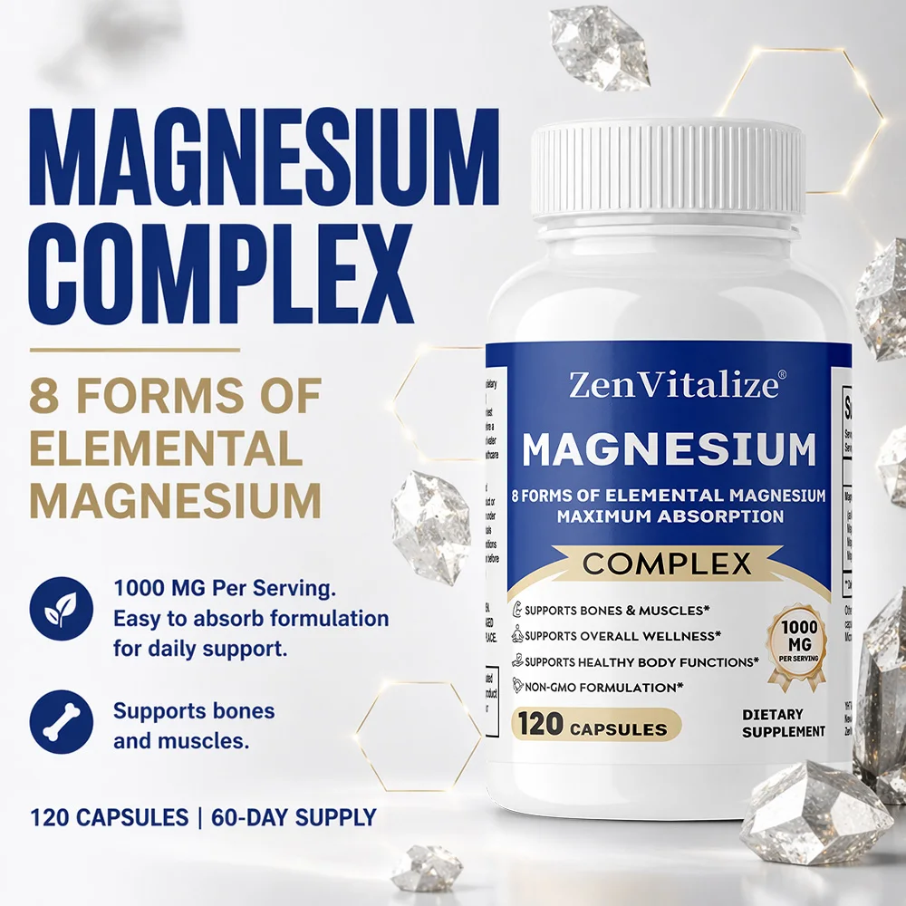 8 Magnesium Complex Supplement 1000mg - Chelated Magnesium Glycinate Citrate Malate Taurate, Supports Muscle Relaxation Sleep