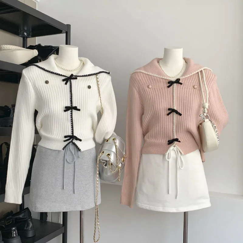 Bow Button-down Cardigan Women's Aesthetic Sweet Girly Sweater Knitted Button Cardigan Women New Tops