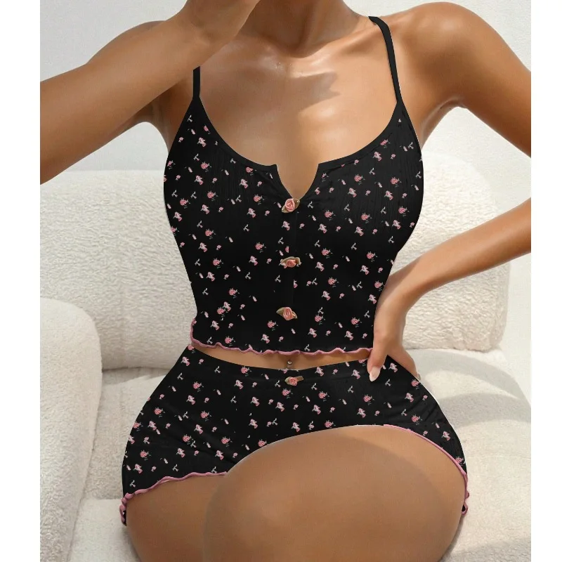 

Cute Print Comfortable Home Clothes Set Cross-Border Floral Embroidery Strap Sleepwear Set Soft Polyester Fabric for Women