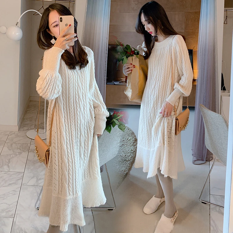 996# Autumn Winter Fashion Knitted Maternity Long Sweaters Loose Casual Dress Clothes for Pregnant Women Pregnancy Postpartum