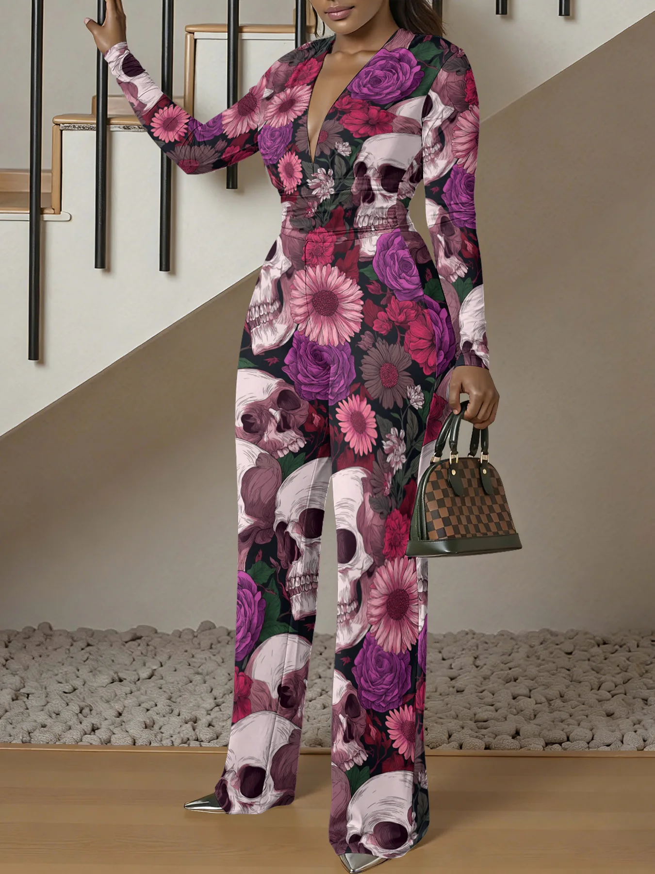 Macacão justo de manga comprida com decote em V, ideal para o outono, feminino, elástico, peça única, para a primavera, roupa de rua de luxo, para fes