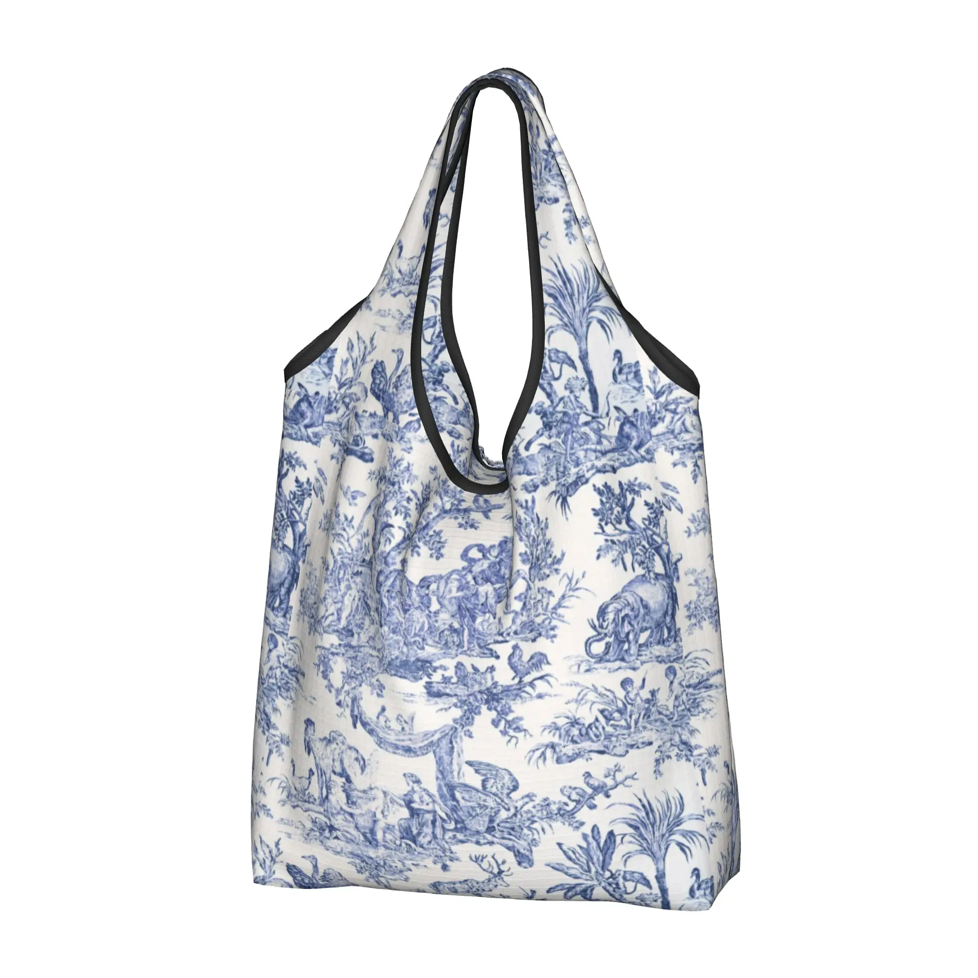 Recycling Navy Blue Toile De Jouy Shopping Bag Women Tote Bag Portable French Countryside Floral Grocery Shopper Bags
