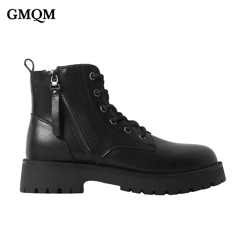 

GMQM Brand Fashion Women Ankle Boots Platform Genuine Leather Round Toe Autumn Boots Ladies Motorcycle Walk Shoes Lace-Up Zip