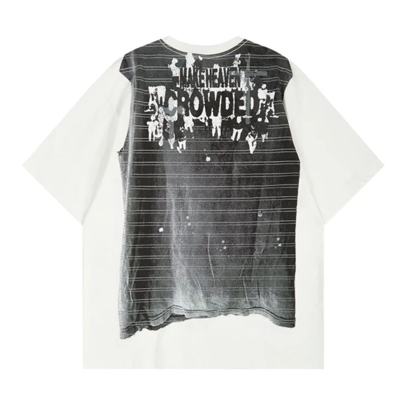 HKSH Summer New Men Tide Dark Gothic Cross Vintage Washed Frayed Irregular Hem Loose Drop Shoulder Short Sleeved T-shirt HK19890